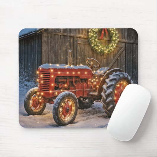 Christmas Red Farm Tractor With Glowing Wreath Mousepad (Mit Mouse)