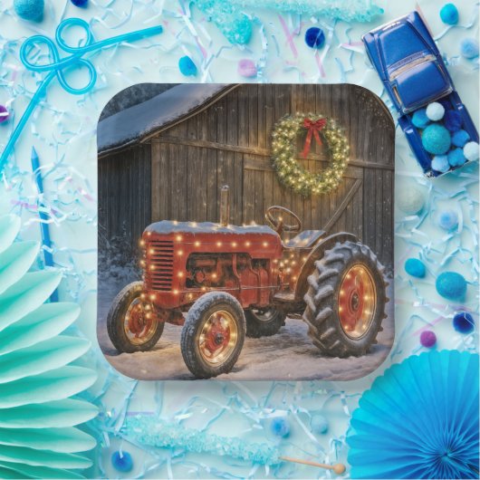 Christmas Red Farm Tractor With Glowing Wreath Pappteller (Party)