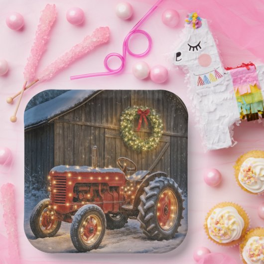 Christmas Red Farm Tractor With Glowing Wreath Pappteller (Party)
