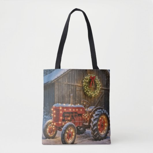 Christmas Red Farm Tractor With Glowing Wreath Tasche (Vorderseite)