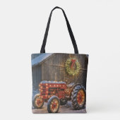 Christmas Red Farm Tractor With Glowing Wreath Tasche (Rückseite)