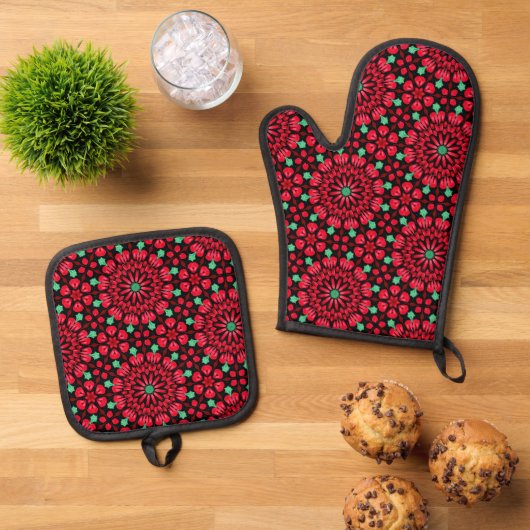 Christmas Red Floral Ofenhandschuh & Topflappen-Set (Oben Unten)