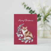 Christmas Red Fox Blätter Wasserfarbe Feiertagspostkarte (Stehend Vorderseite)