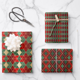 Christmas Red Gold Green Geometric Harlequin Geschenkpapier Set