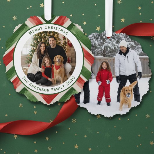 Christmas Red Green Chevron Easy 2 Photos Ornament Karte