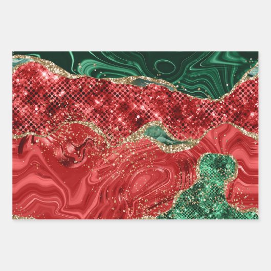 Christmas Red Green Glitzer Agate Geschenkpapier Set (Vorderseite)
