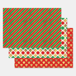 CHRISTMAS RED GREEN GOLD URLAUB PATTERNS GESCHENKPAPIER SET