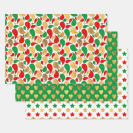 CHRISTMAS RED GREEN GOLD URLAUB PATTERNS GESCHENKPAPIER SET