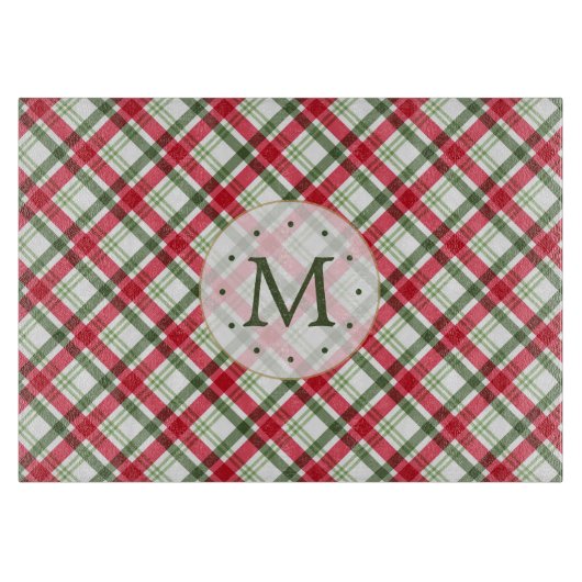 Christmas Red Green Kariert Monogram Schneidebrett (Vorderseite)