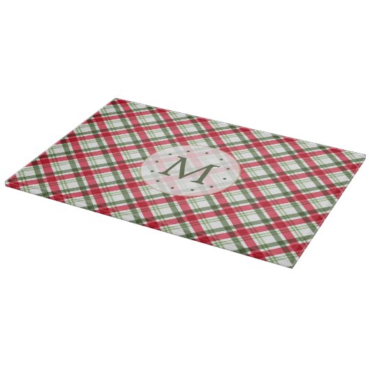 Christmas Red Green Kariert Monogram Schneidebrett (Ecke)