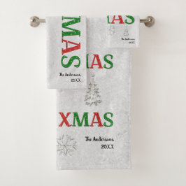 Christmas Red Green Kristall Xmas Calligraphy Badhandtuch Set