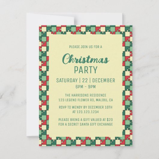 Christmas Red Green Puzzle Piece Geometric Einladung (Vorderseite)
