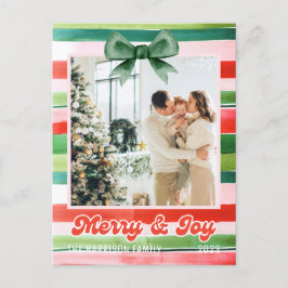 Christmas Red Green Stripes Merry & Joy Foto Postkarte