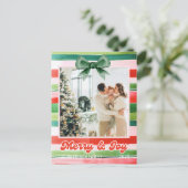 Christmas Red Green Stripes Merry & Joy Foto Postkarte (Stehend Vorderseite)