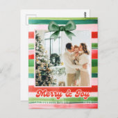 Christmas Red Green Stripes Merry & Joy Foto Postkarte (Vorne/Hinten)
