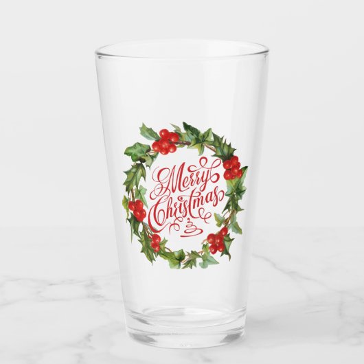Christmas Red Green Wreath Holly Ivy Typografie Glas (Vorderseite)