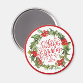 Christmas Red Green Wreath Holly Ivy Typografie Magnet (Vorderseite/Rückseite)