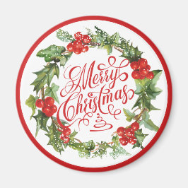 Christmas Red Green Wreath Holly Ivy Typografie Magnet