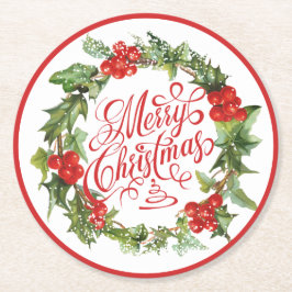 Christmas Red Green Wreath Holly Ivy Typografie Runder Pappuntersetzer