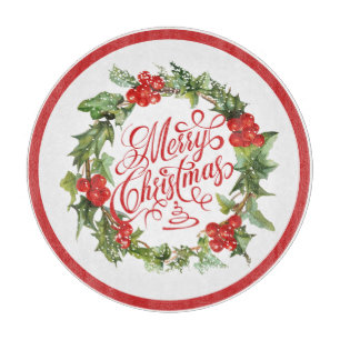 Christmas Red Green Wreath Holly Ivy Typografie Schneidebrett
