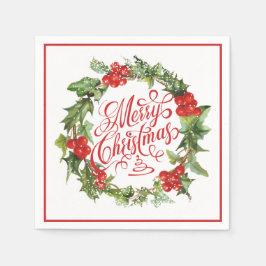 Christmas Red Green Wreath Holly Ivy Typografie Serviette