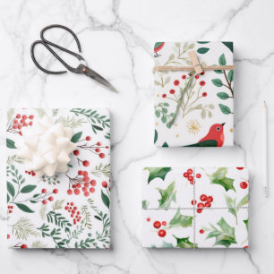 Christmas Red Holly Berries Geschenkpapier Set