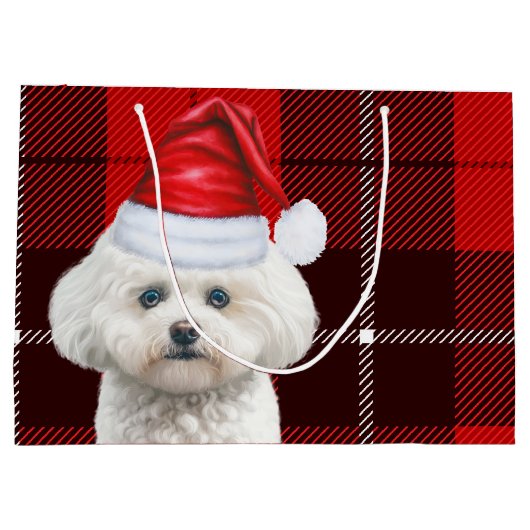 Christmas Red Kariert Coton de Tuleari Dog Holiday Große Geschenktüte (Rückseite)