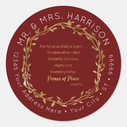 Christmas Red n Gold Christlich Scripting Adresse Runder Aufkleber (Vorderseite)