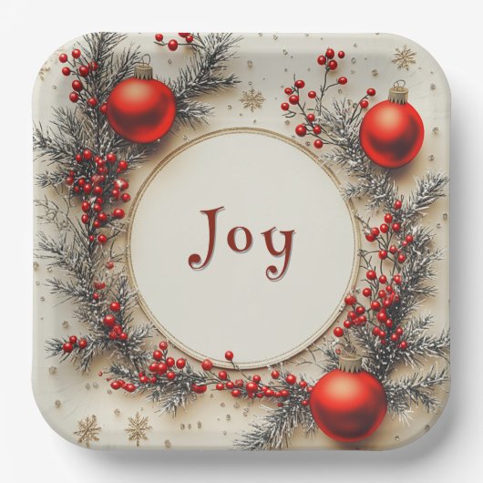 Christmas Red Ornaments Berries Snowflakes Pappteller (Vorderseite)