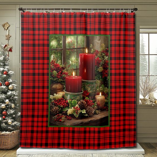 Christmas Red Plaid Red Candles Pine Cones Duschvorhang