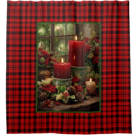 Christmas Red Plaid Red Candles Pine Cones Duschvorhang (Vorderseite)