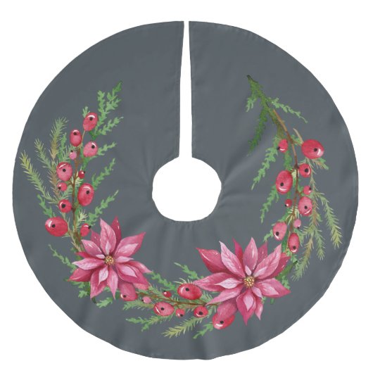 Christmas Red Poinsetta Berries Wreath Off Black Polyester Weihnachtsbaumdecke (Vorderseite)