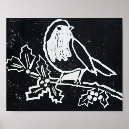 Christmas Red Robin with Holly in Black and White Poster (Vorne)