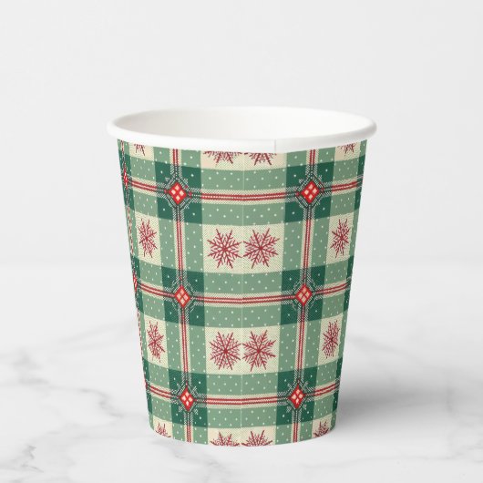 Christmas Red Snowflakes Green Checks Pattern Pappbecher (Rechts)
