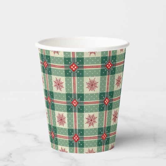 Christmas Red Snowflakes Green Checks Pattern Pappbecher (Vorderseite)