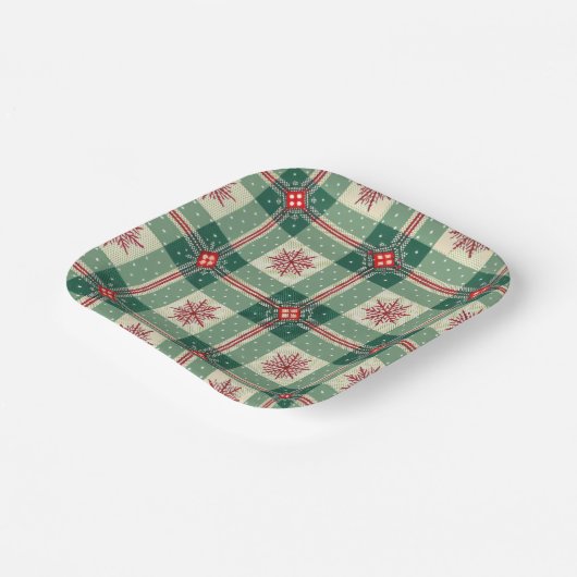 Christmas Red Snowflakes Green Checks Pattern Pappteller (Gewinkelt)