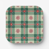 Christmas Red Snowflakes Green Checks Pattern Pappteller (Vorderseite)