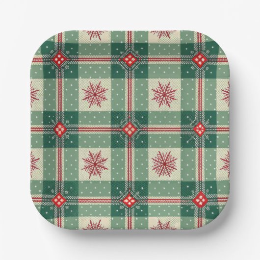 Christmas Red Snowflakes Green Checks Pattern Pappteller (Vorderseite)