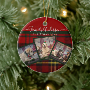 CHRISTMAS Red Tartan Foto Collage Keramik Ornament