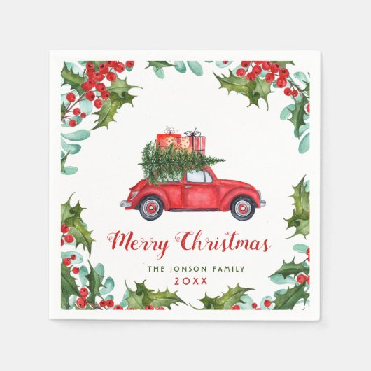 Christmas Red Truck Holly Berry Wreath Wasserfarbe Serviette (Vorderseite)