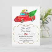 Christmas red truck with a Christmas tree and gift Einladung (Stehend Vorderseite)