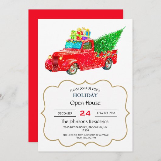 Christmas red truck with a Christmas tree and gift Einladung (Vorne/Hinten)