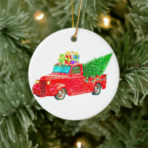 Christmas red truck with a Christmas tree and gift Keramik Ornament