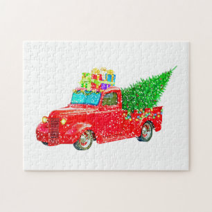 Christmas red truck with a Christmas tree and gift Puzzle