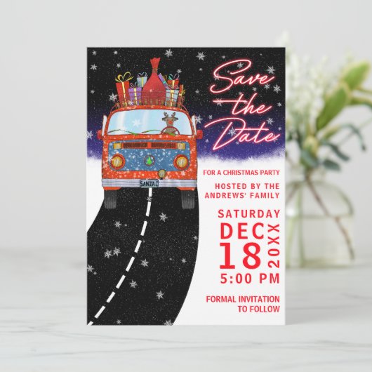 Christmas Red Van Reindeer präsentiert Snowy Party Save The Date (Stehend Vorderseite)