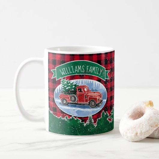 Christmas Red Vintag Truck Buffalo Karierter Name Kaffeetasse (Mit Donut)