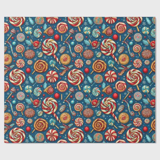 Christmas Red White Candy Lollipop Blue Geschenkpapier (Flach)