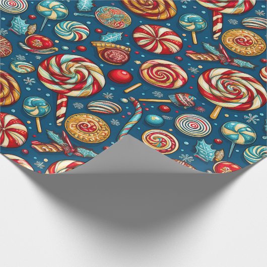 Christmas Red White Candy Lollipop Blue Geschenkpapier (Ecke)