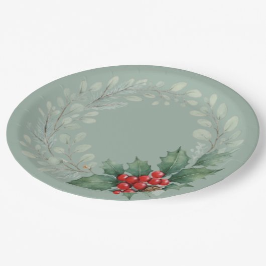 Christmas red winter berries and greenery pappteller (Schrägansicht)