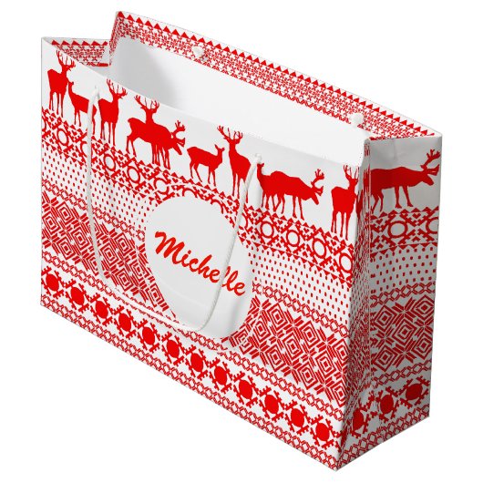 CHRISTMAS REIN DEER LAPLAND Red PATTERN Geschenkta Große Geschenktüte (Vorderseite Schrägansicht)